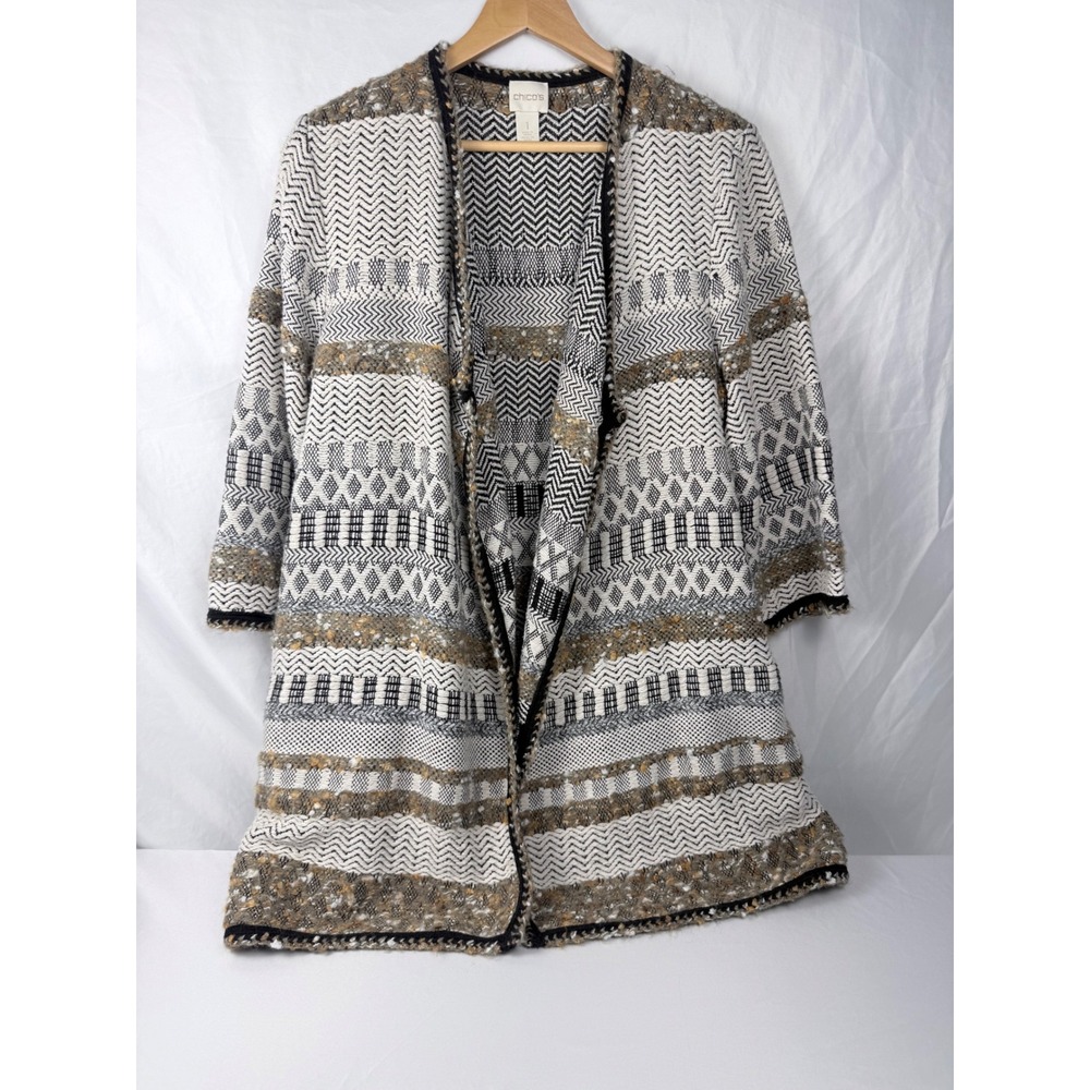 Chicos Size 1 M Geometric Pattern Open Front Cardigan Sweater Black White Tan